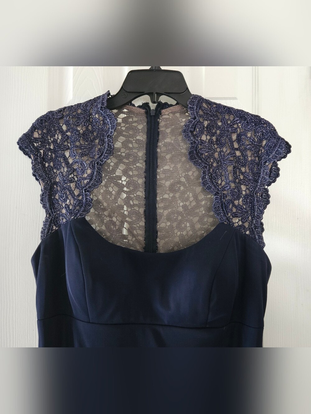 Xscape Navy Chiffon & Silver Sparkle Lace Detail Bodice Evening Dress Sz. 16